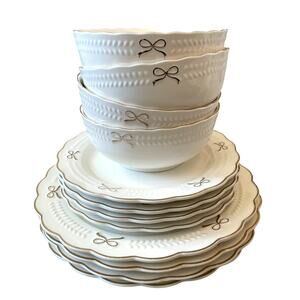 12pc Yedi GOLD BOW Ceramic Dinner|Salad Plate & Bowl Set Holiday Glam White New